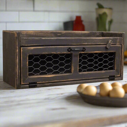 Primitive Handcrafted Distressed Black 11&quot; Counter Box w/Chicken Wire Door - The Primitive Pineapple Collection