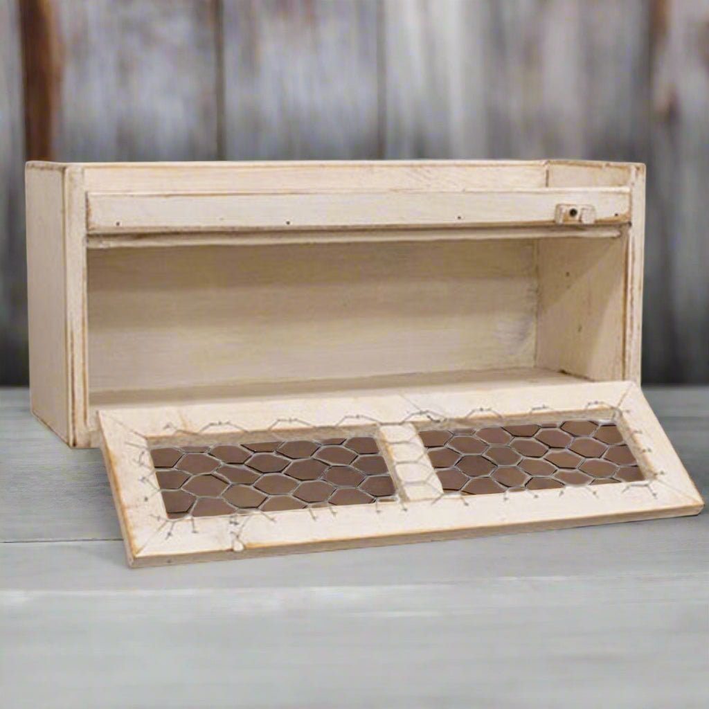 Primitive Handcrafted Distressed White 11&quot; Counter Box w/Chicken Wire Door - The Primitive Pineapple Collection