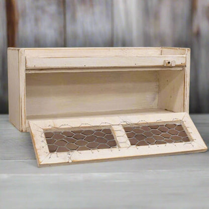Primitive Handcrafted Distressed White 11&quot; Counter Box w/Chicken Wire Door - The Primitive Pineapple Collection