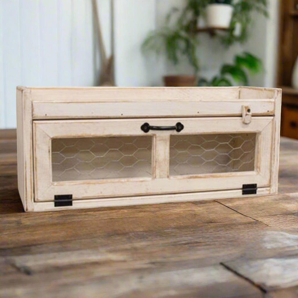 Primitive Handcrafted Distressed White 11&quot; Counter Box w/Chicken Wire Door - The Primitive Pineapple Collection