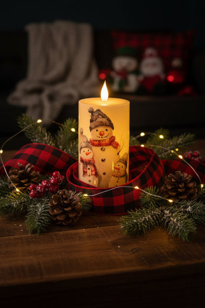 Winter Holiday Snowman Family Timer Pillar w/ Timer- 6" - The Primitive Pineapple Collection