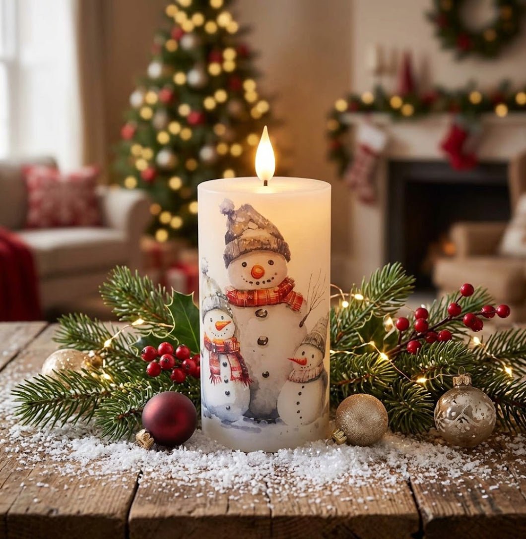 Winter Holiday Snowman Family Timer Pillar w/ Timer- 6" - The Primitive Pineapple Collection