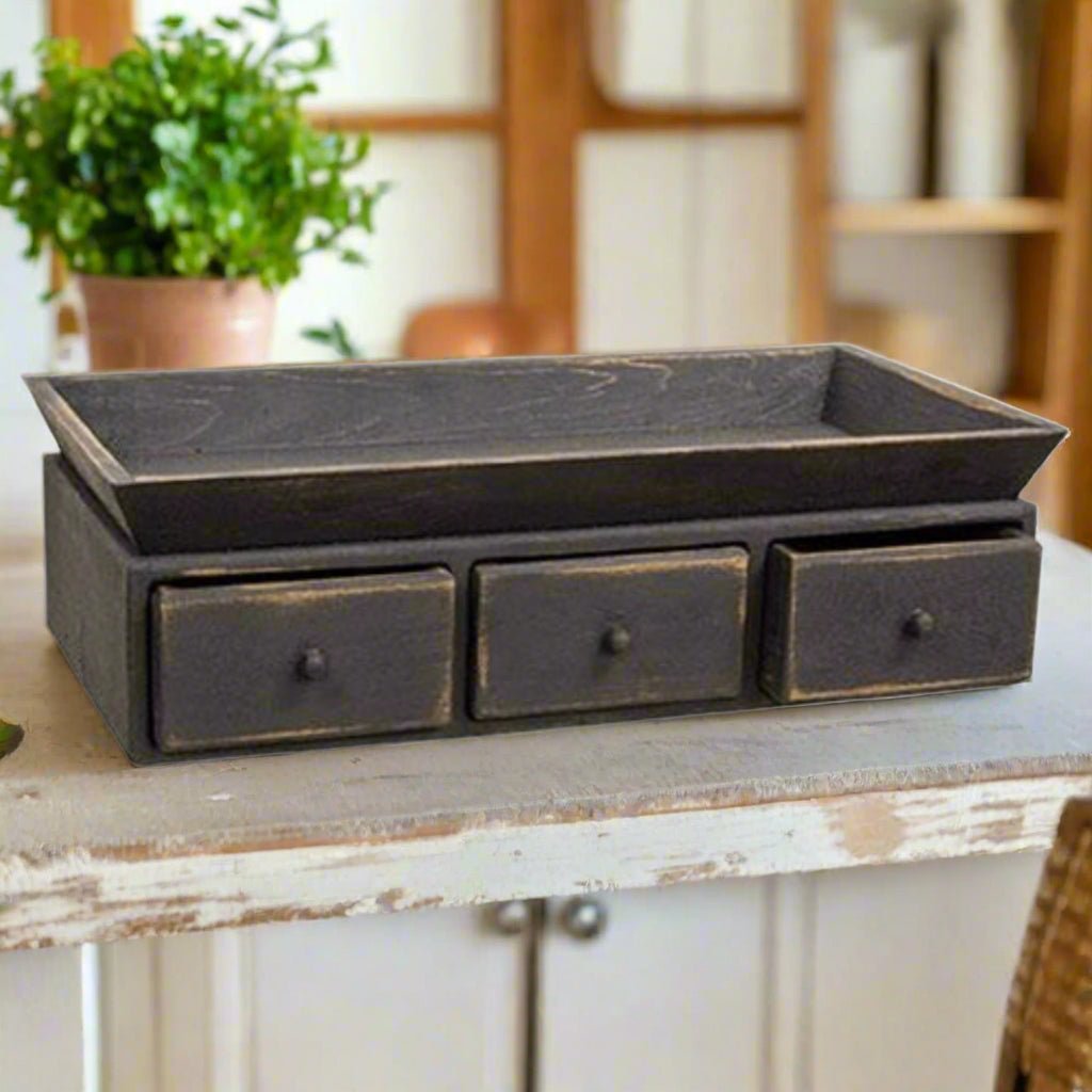 Primitive Handcrafted Distressed Wooden Black Three Drawer Pass Through Tray