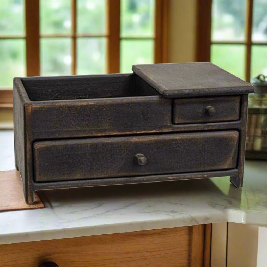 Primitive Handcrafted Distressed Wooden Black Aged Wood Mini Dry Sink With Drawers - The Primitive Pineapple Collection