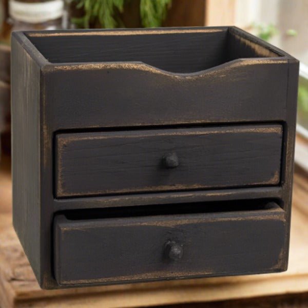 Primitive Handcrafted Distressed Black 2 Drawer Counter Cubby Keeping Box - The Primitive Pineapple Collection