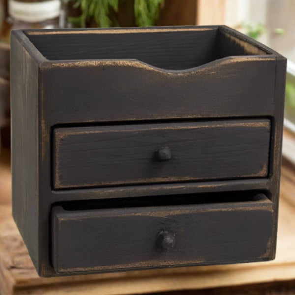 Primitive Handcrafted Distressed Black 2 Drawer Counter Cubby Keeping Box