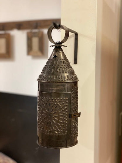Primitive Early American Paul Revere Black Punch Tin Lantern 14” Taper Holder - The Primitive Pineapple Collection
