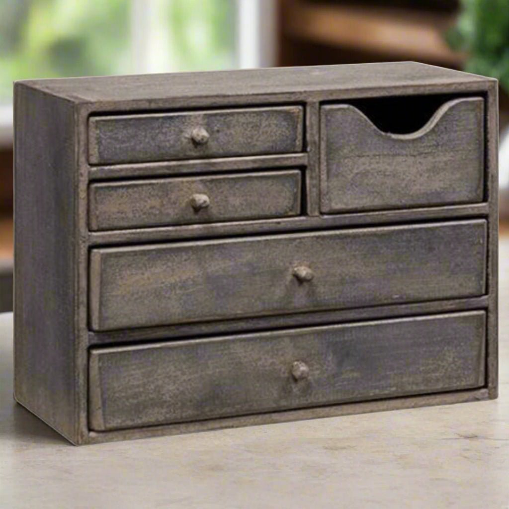 Primitive Handcrafted Distressed Aged Wood Gray Cabinet w/5 Drawers - The Primitive Pineapple Collection
