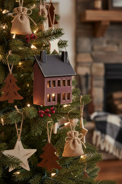Primitive Wood Burgundy Saltbox House Ornament - 4.5" - The Primitive Pineapple Collection