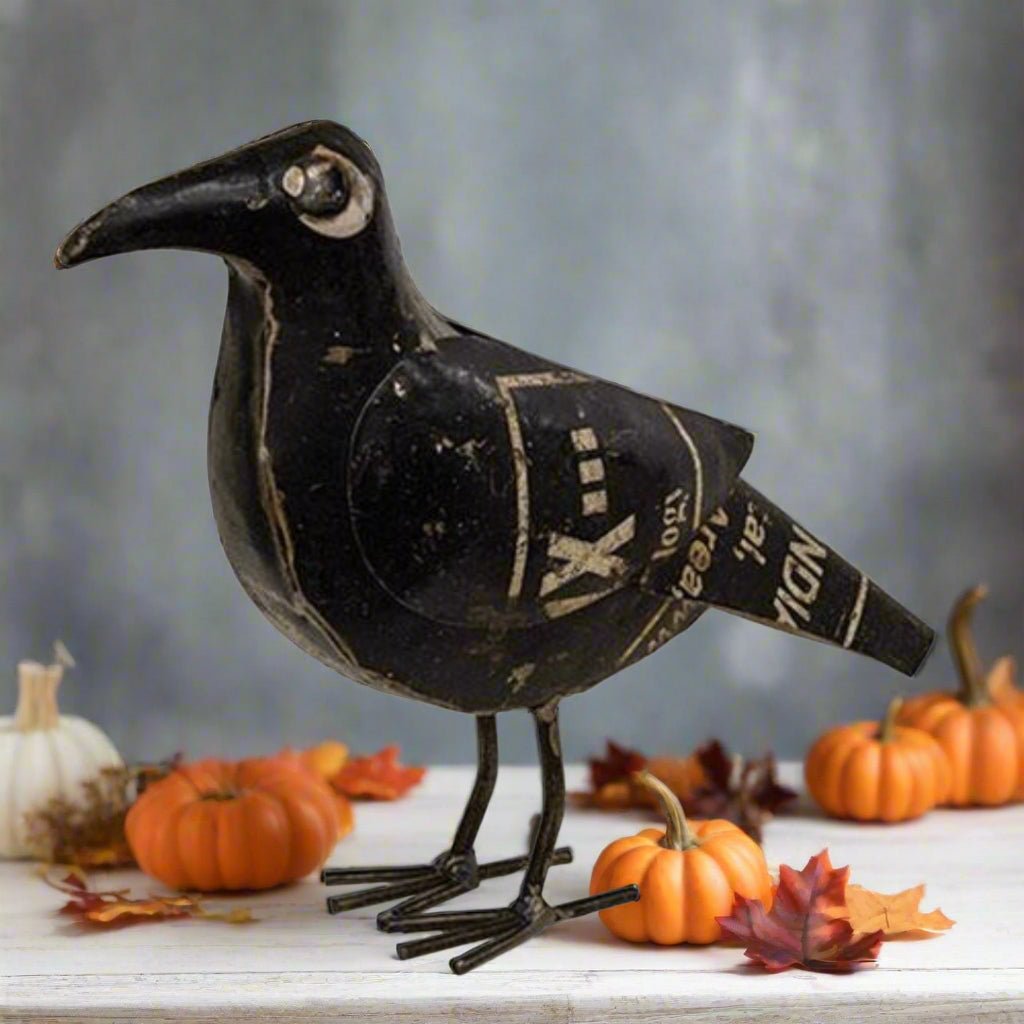 Primitive Halloween Fall Recycled Metal Black Crow 9&quot; - The Primitive Pineapple Collection