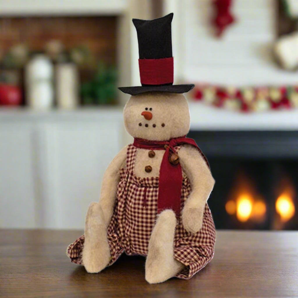 Primitive Folk Art Christmas Stuffed Sitting Snowman w/Top Hat &amp; Gingham Overalls