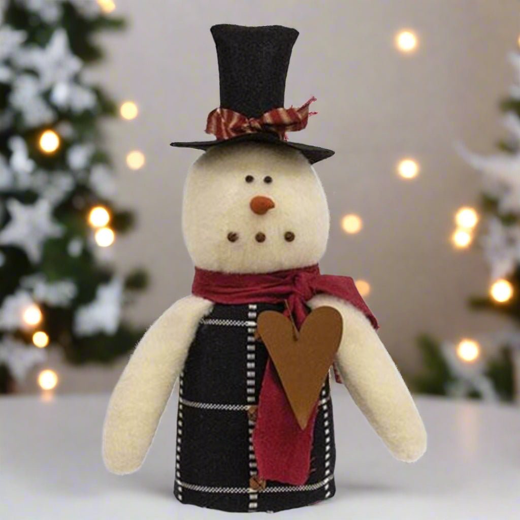 Primitive Made in USA Christmas 12&quot; Snowman w/Top Hat &amp; Rusty Heart - The Primitive Pineapple Collection