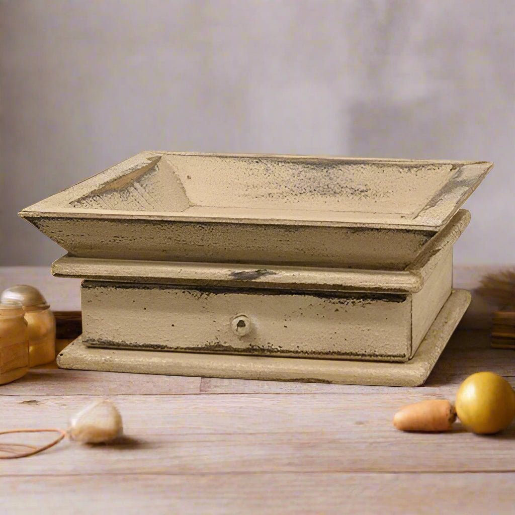 Primitive Handcrafted Aged White Wood Tray w/Drawer - The Primitive Pineapple Collection