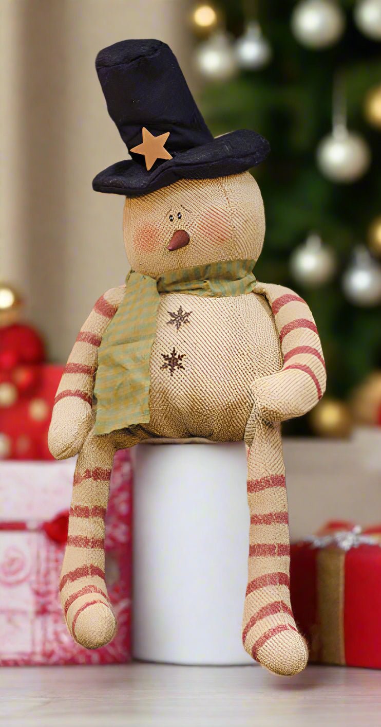 Primitive Christmas 15" Candy Cane Burlap Snowman with Top Hat - The Primitive Pineapple Collection