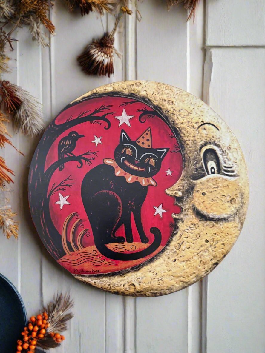 Handcrafted Johanna Parker Retro Halloween Moon w/ Black Cat Wood Cutout Out 11" - The Primitive Pineapple Collection