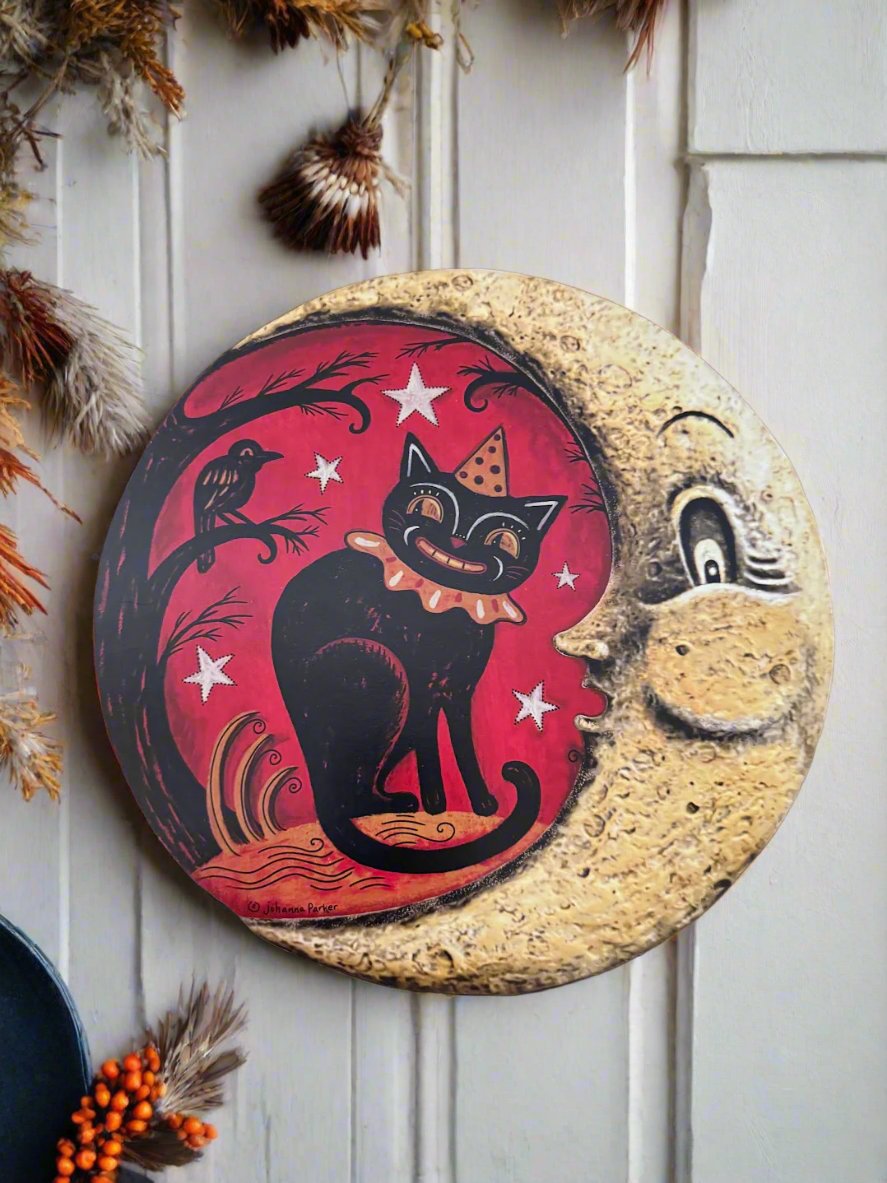 Handcrafted Johanna Parker Retro Halloween Moon w/ Black Cat Wood Cutout Out 11&quot;