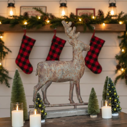 Ragon House 29.5-inch Primitive Distressed Metal Reindeer on Base - Vintage Christmas Deer - The Primitive Pineapple Collection