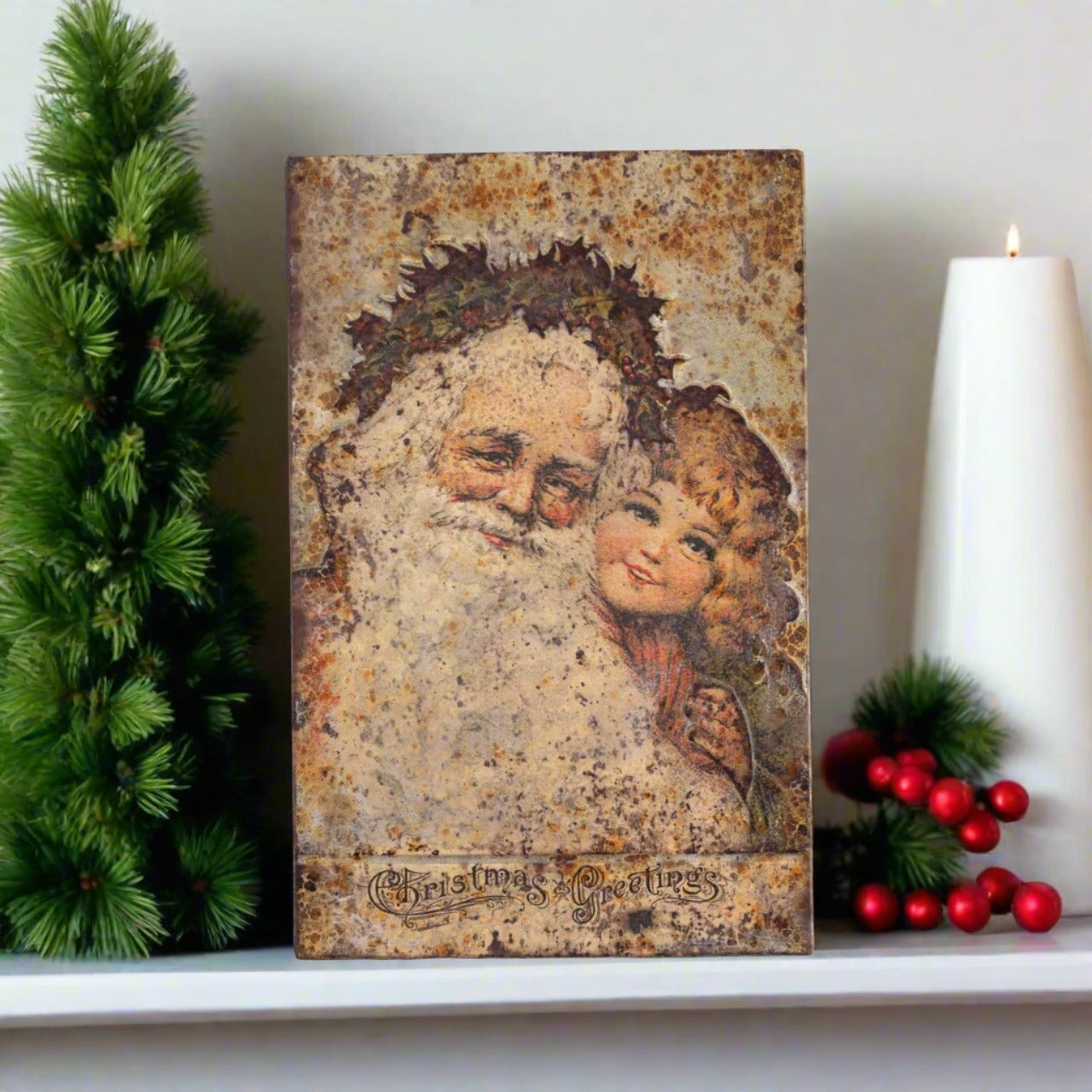Ragon House Vintage Metal Santa &amp;amp; Child Christmas Plaque – 19.5" - The Primitive Pineapple Collection