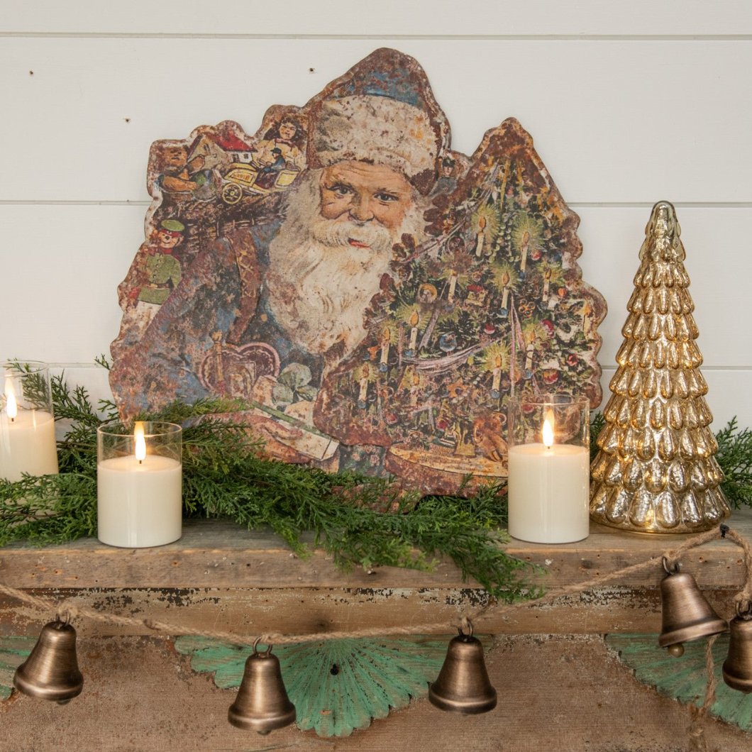 Ragon House Vintage Metal Santa with Gifts &amp;amp; Tree Christmas Plaque – 19" - The Primitive Pineapple Collection