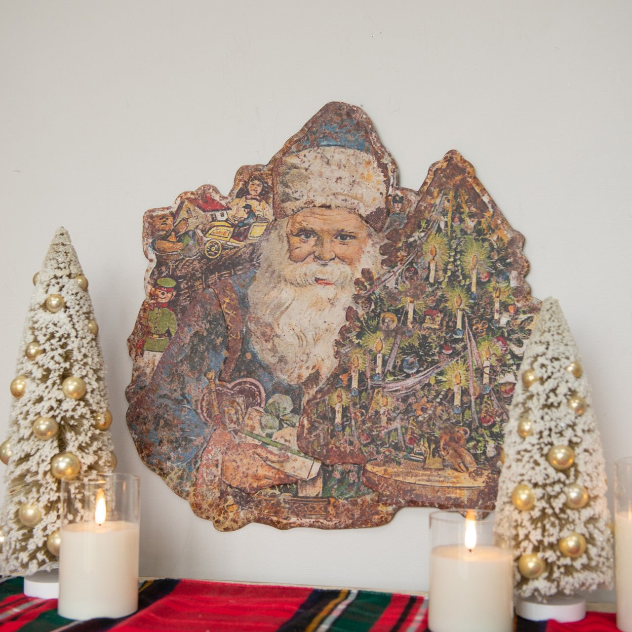 Ragon House Vintage Metal Santa with Gifts &amp;amp; Tree Christmas Plaque – 19" - The Primitive Pineapple Collection