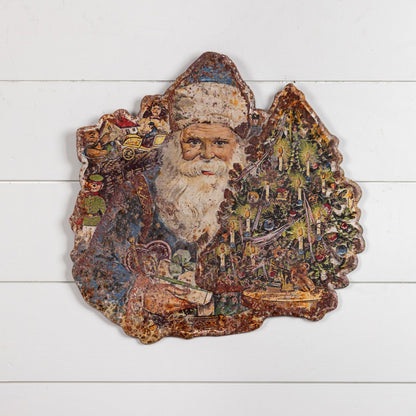 Ragon House Vintage Metal Santa with Gifts &amp;amp; Tree Christmas Plaque – 19" - The Primitive Pineapple Collection
