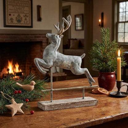 Primitive Ragon House Christmas Distressed Metal Weathervane Deer On Base 16.50"H