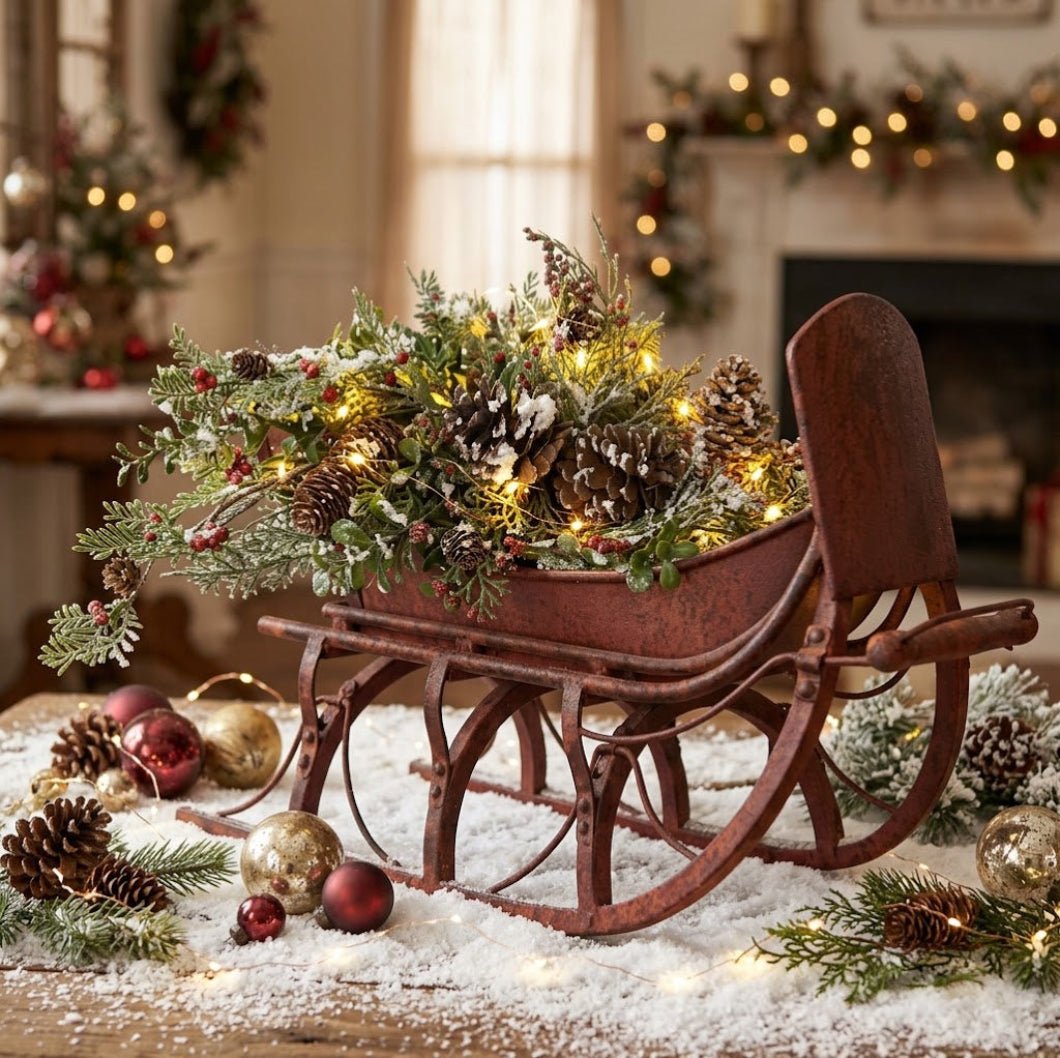 Ragon House 20" Primitive Distressed Metal Red Christmas Sleigh - The Primitive Pineapple Collection
