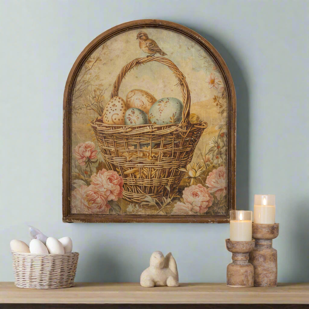 Primitive Ragon House Easter Spring 29&quot; Arched Eggs in Basket Framed Sign