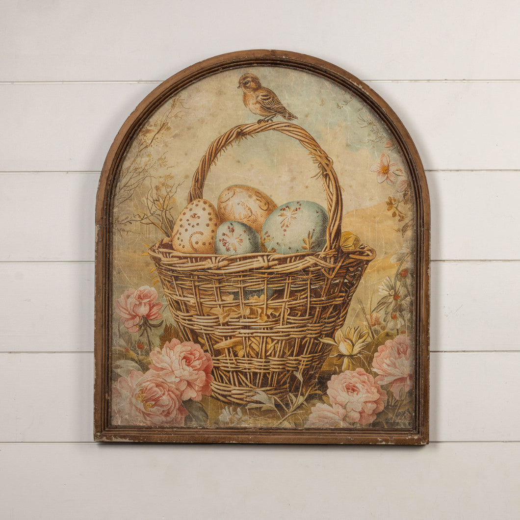 Primitive Ragon House Easter Spring 29&quot; Arched Eggs in Basket Framed Sign