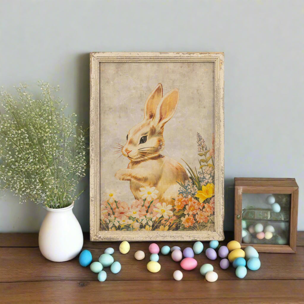 Primitive Ragon House Easter Spring 23&quot; Cream Bunny in Flowers Framed Sign