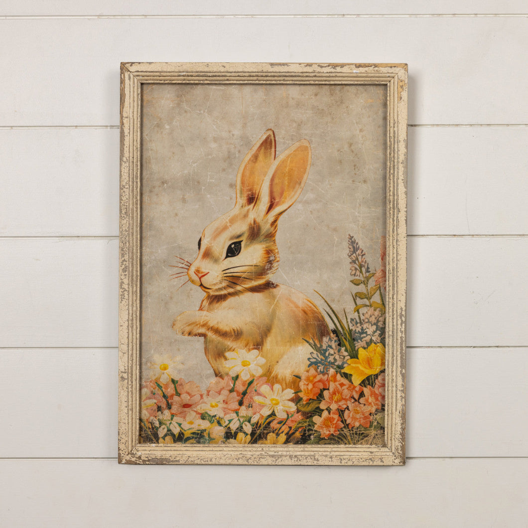 Primitive Ragon House Easter Spring 23&quot; Cream Bunny in Flowers Framed Sign