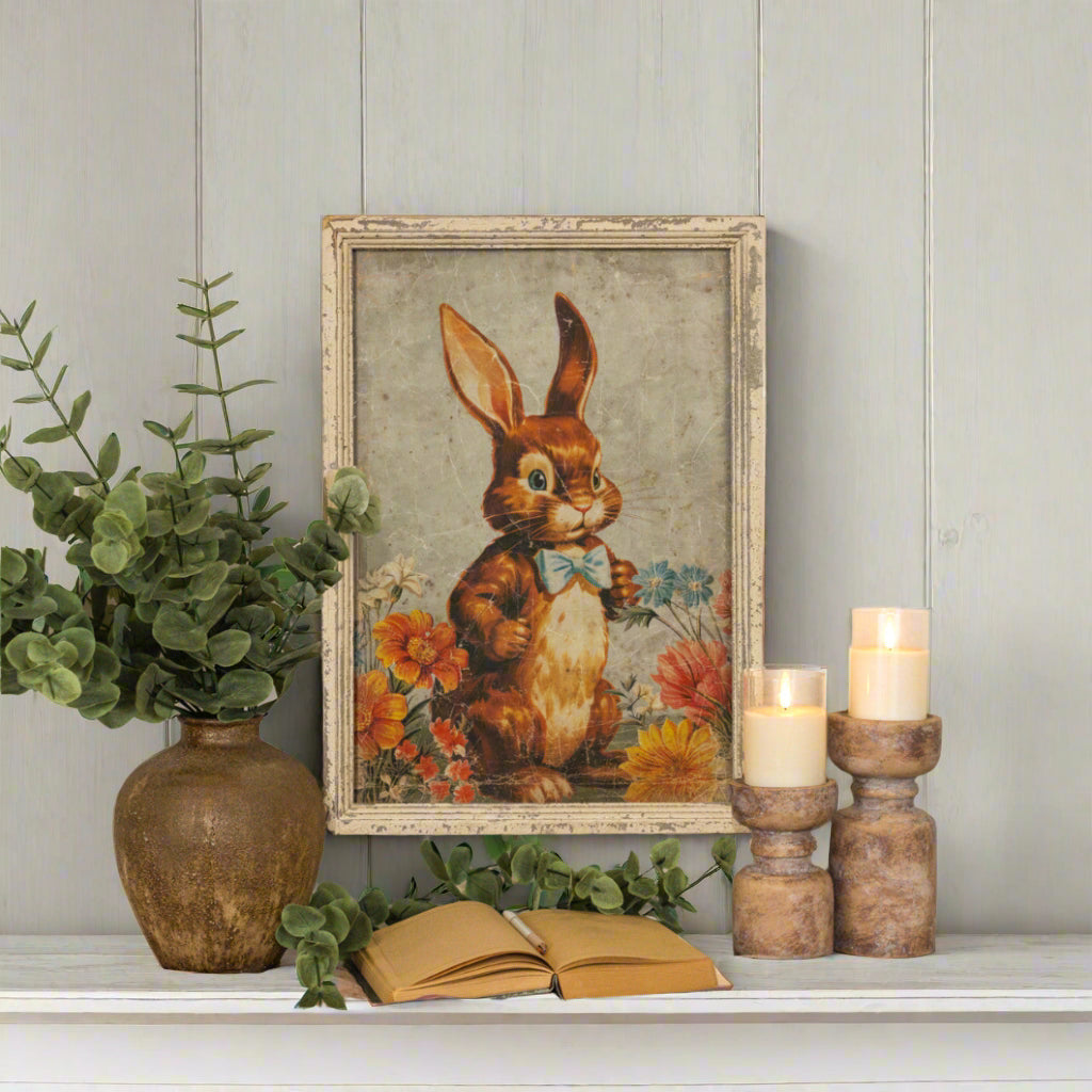 Primitive Ragon House Easter Spring 23&quot; Distressed Wood Brown Bunny w/ Bow Tie Sign