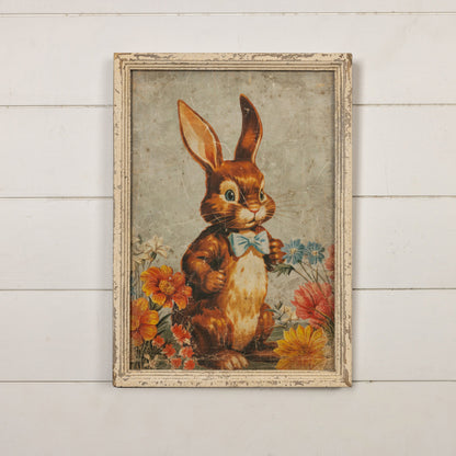 Primitive Ragon House Easter Spring 23&quot; Distressed Wood Brown Bunny w/ Bow Tie Sign