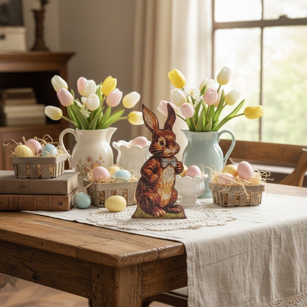Ragon House Spring Easter 12"Table Top Brown Bunny w/ Bow Tie Metal Dummy Board - The Primitive Pineapple Collection