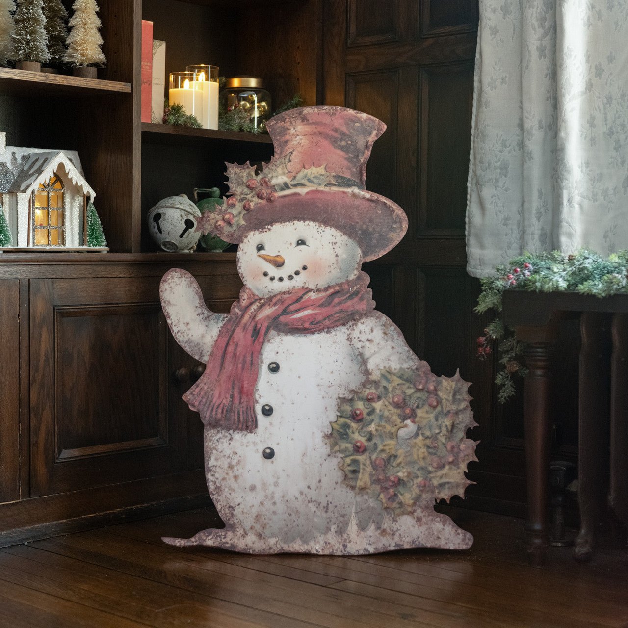 Ragon House Christmas Distressed 35.75&quot; Snowman with Holly Metal Dummy Board - The Primitive Pineapple Collection