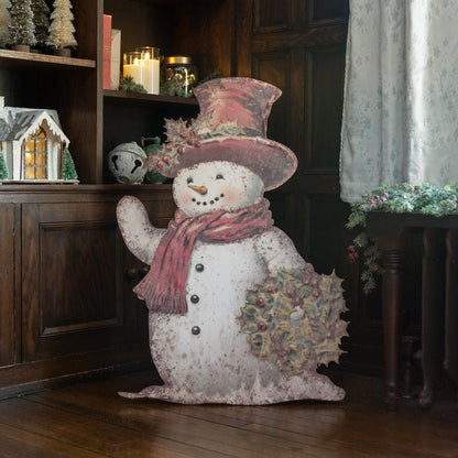 Ragon House Christmas Distressed 35.75&quot; Snowman with Holly Metal Dummy Board - The Primitive Pineapple Collection