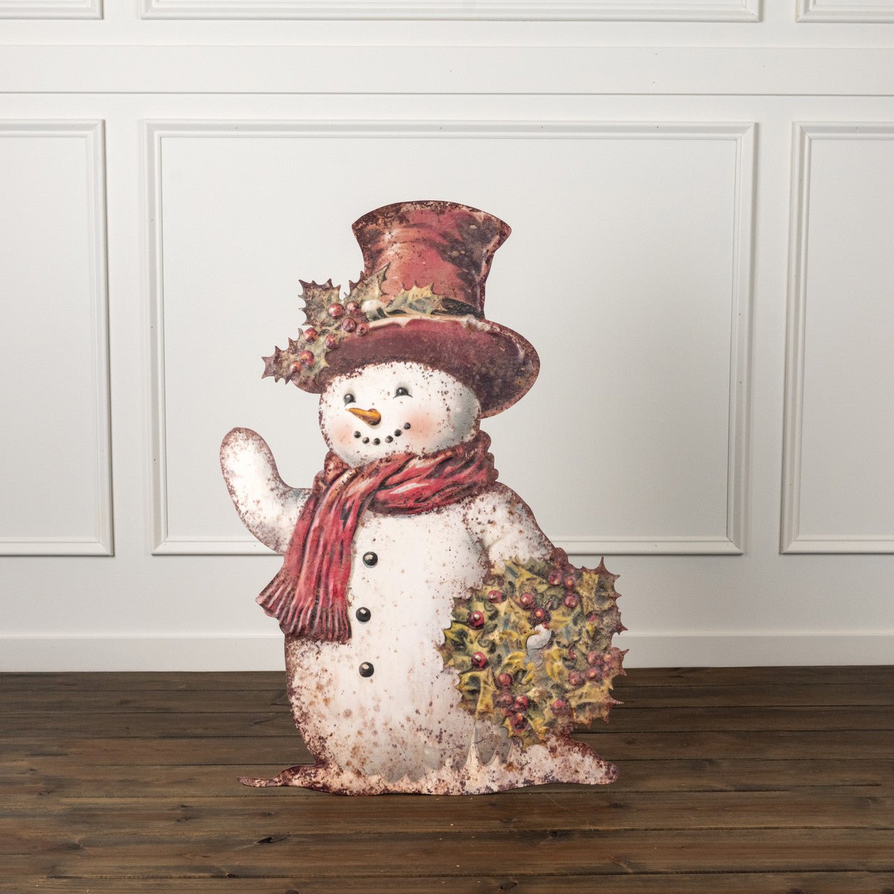 Ragon House Christmas Distressed 35.75&quot; Snowman with Holly Metal Dummy Board - The Primitive Pineapple Collection