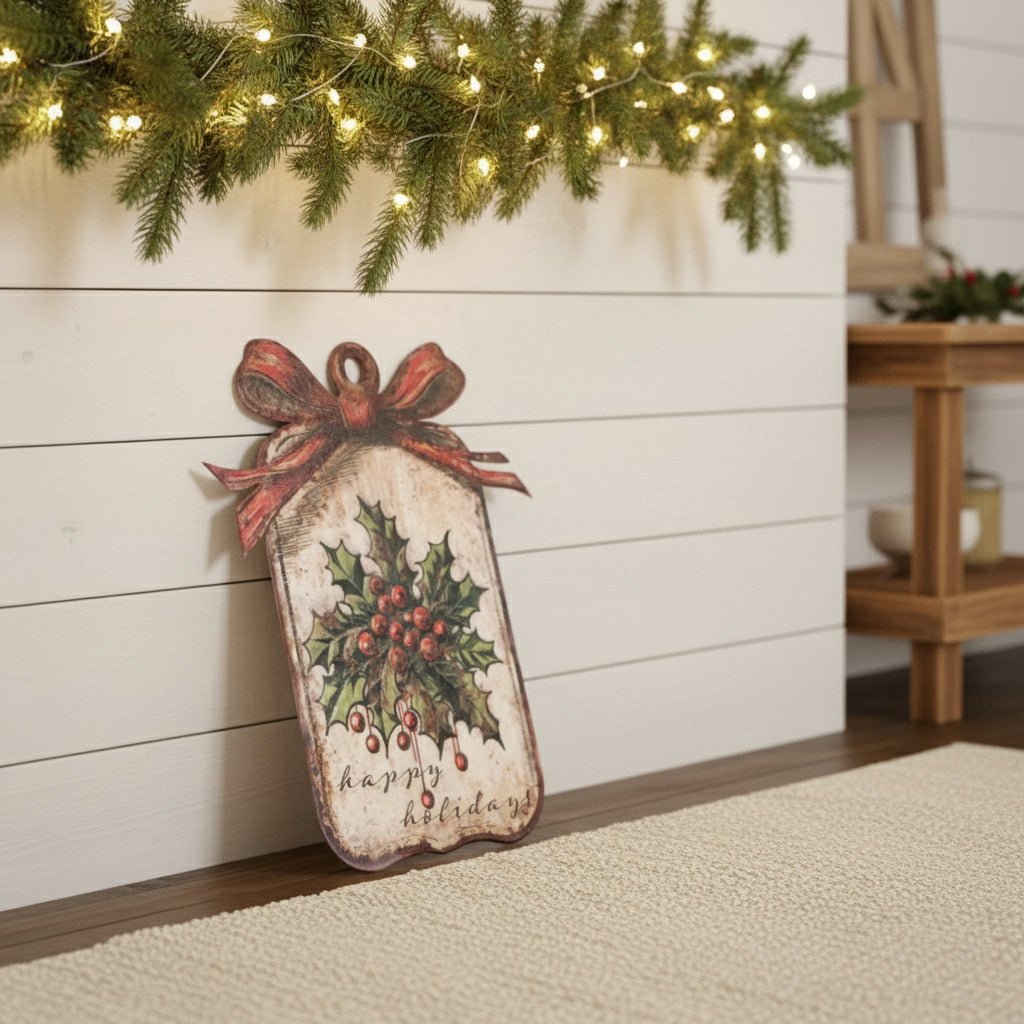 Ragon House Christmas 35.75&quot; Happy Holidays Holly Metal Dummy Board - The Primitive Pineapple Collection