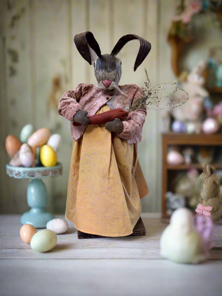 Handcrafted by Michelle Spring Easter Clay Sculpted Head Bunny Girl w/ Carrot on Stand - The Primitive Pineapple Collection