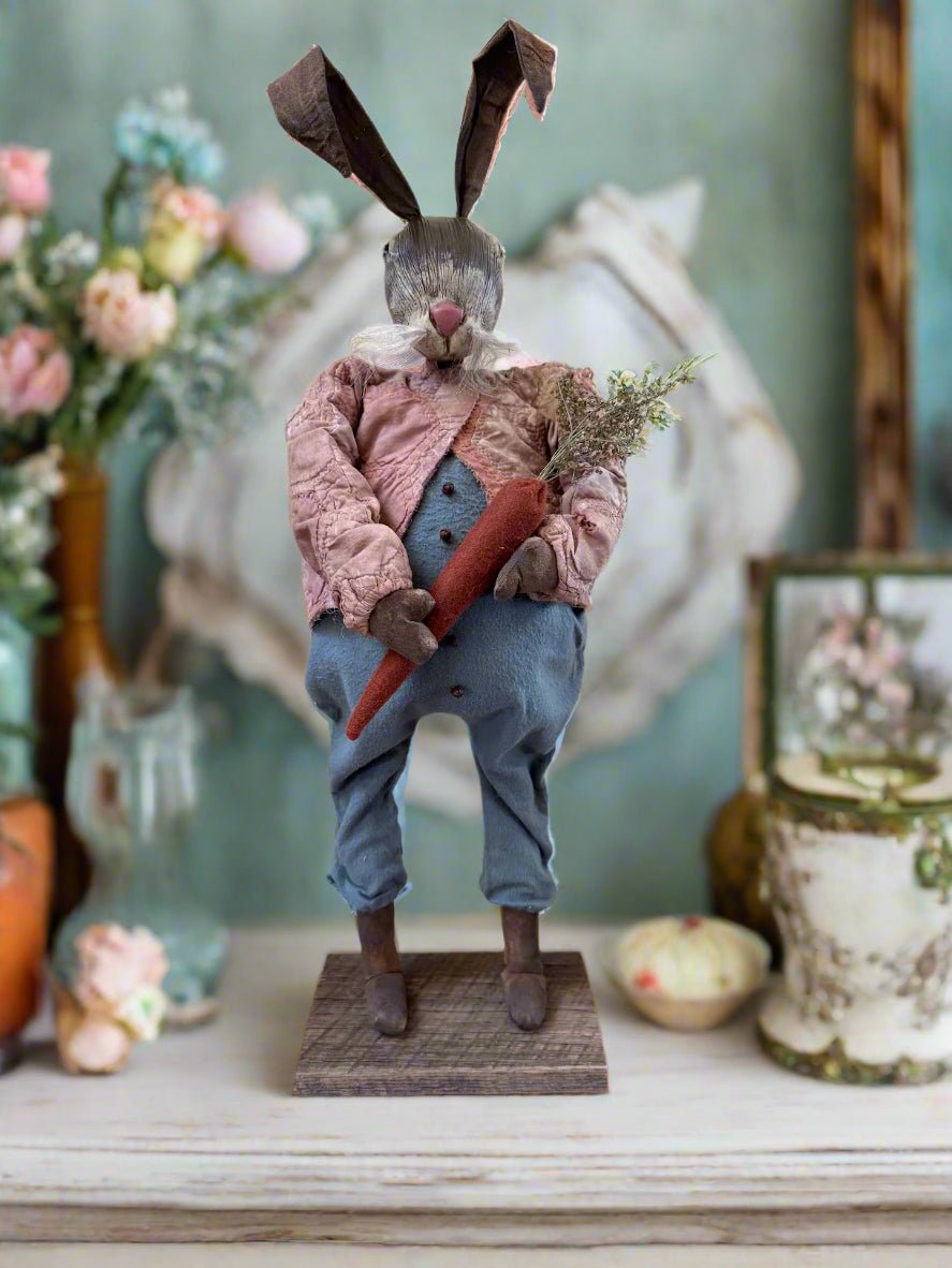 Handcrafted by Michelle Spring Easter Clay Sculpted Head Bunny Boy w/ Carrot on Stand - The Primitive Pineapple Collection