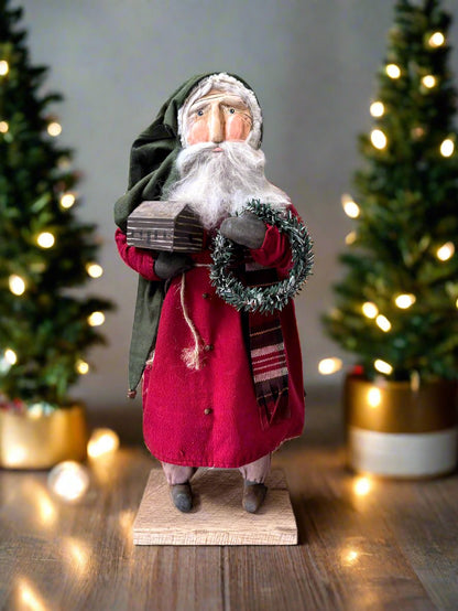 Handcrafted by Michelle Early American Hand Sculpted Clay Face Santa Wreath/Cabin Doll Red 19&quot;