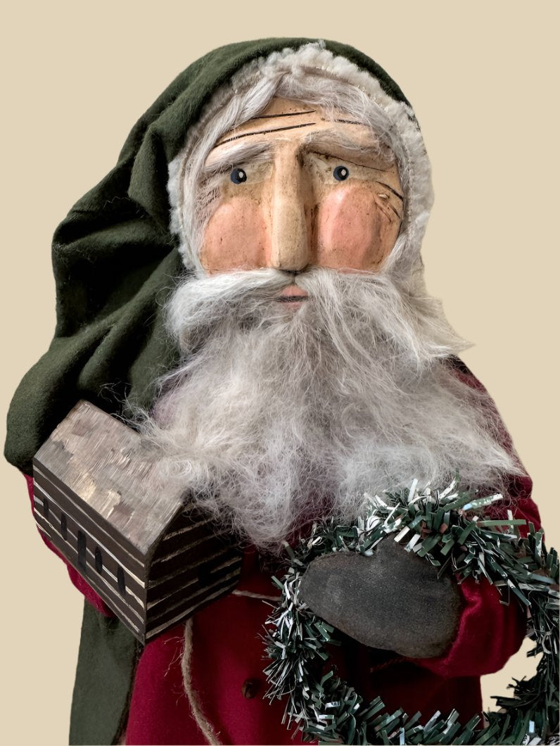 Handcrafted by Michelle Early American Hand Sculpted Clay Face Santa Wreath/Cabin Doll Red 19&quot;