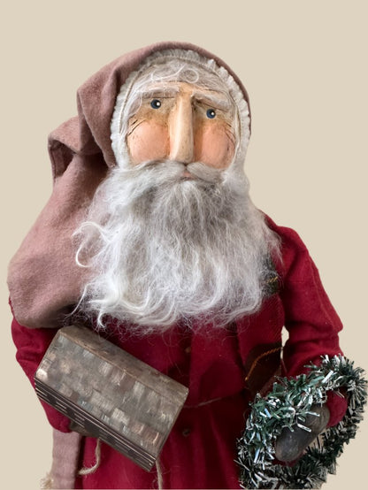 Handcrafted by Michelle Early American Hand Sculpted Clay Face Santa Wreath/Cabin Doll Red 19&quot;