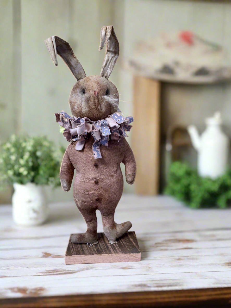 Handcrafted by Michelle Spring Easter Ruffles Collar Pink Bunny on Stand - The Primitive Pineapple Collection