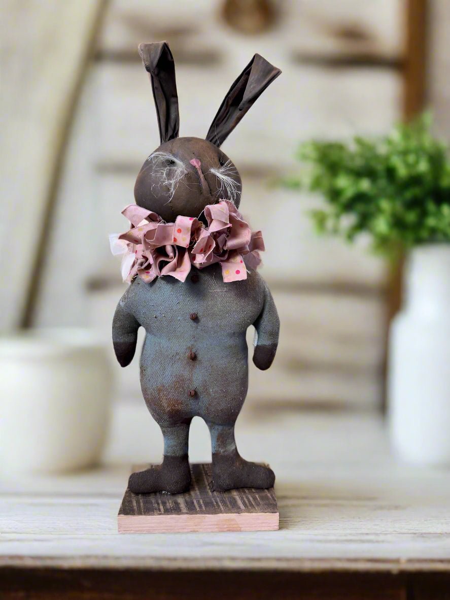 Handcrafted by Michelle Spring Easter Ruffles Collar Blue Bunny on Stand - The Primitive Pineapple Collection