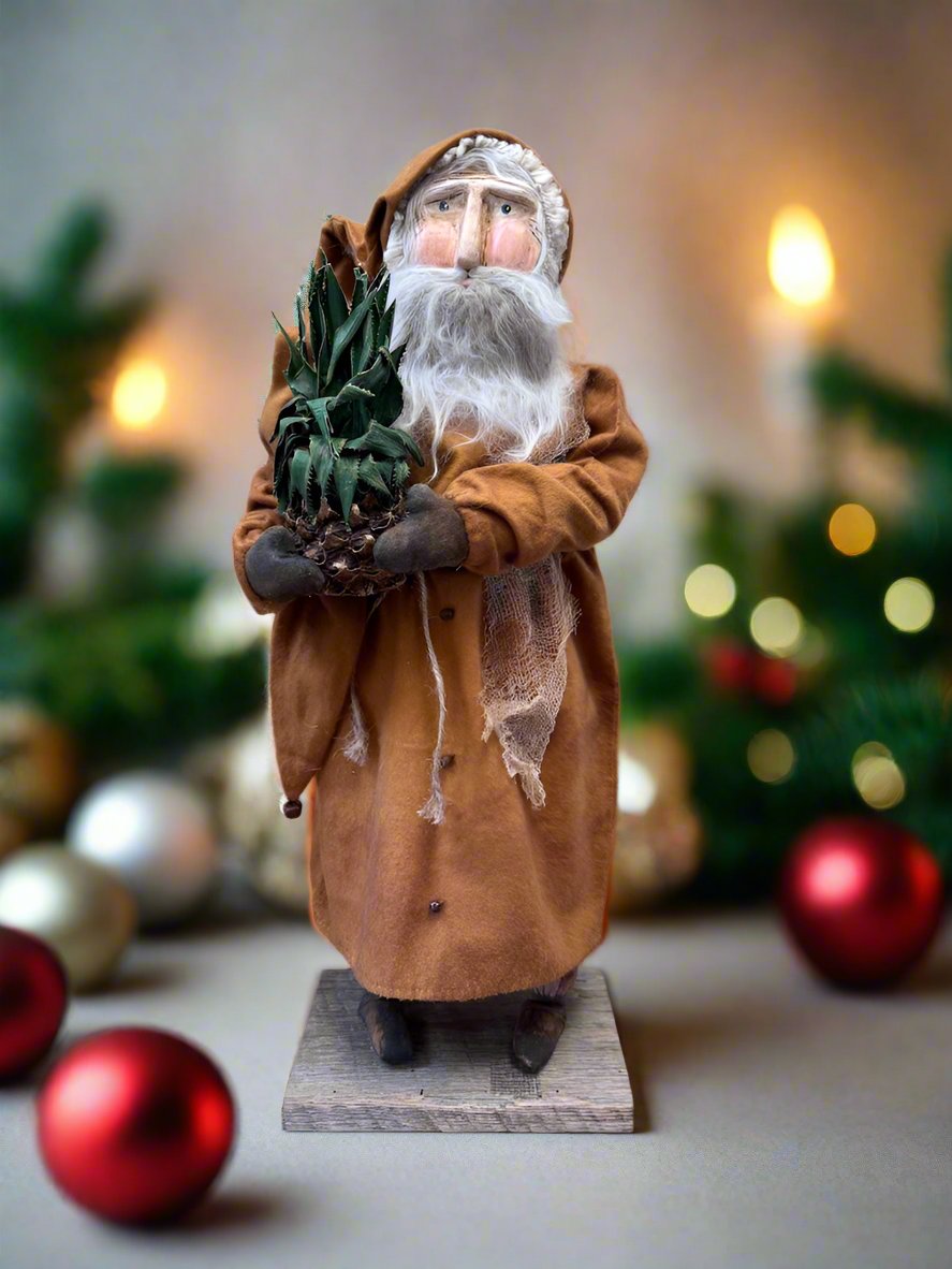 Handcrafted by Michelle Early American Hand Sculpted Clay Face Santa w/ Colonial Pineapple 20&quot;