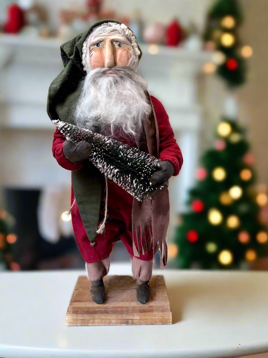 Handcrafted by Michelle Early American Hand Sculpted Clay Face Santa w/Christmas Tree 20" - The Primitive Pineapple Collection