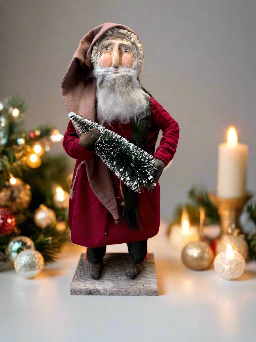 Handcrafted by Michelle Early American Hand Sculpted Clay Face Santa w/Christmas Tree 20" - The Primitive Pineapple Collection