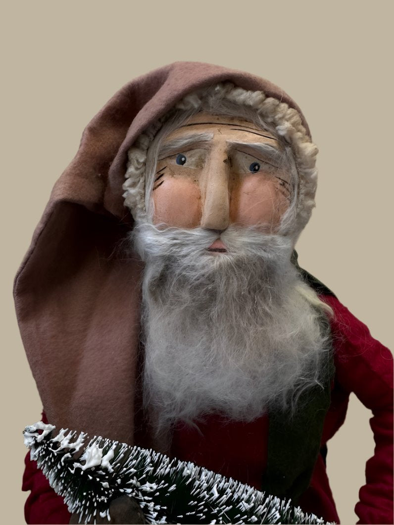 Handcrafted by Michelle Early American Hand Sculpted Clay Face Santa w/Christmas Tree 20&quot;