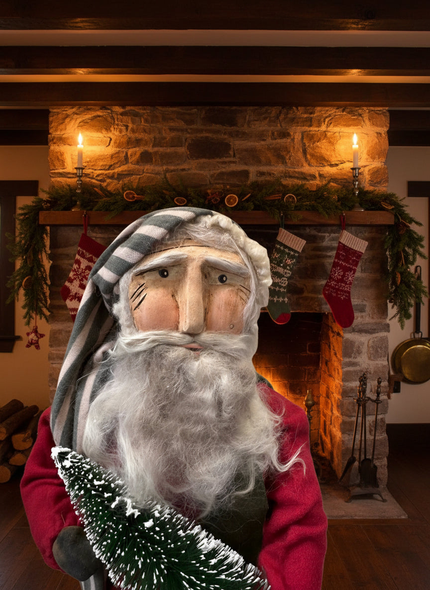 Handcrafted by Michelle Early American Hand Sculpted Clay Face Santa w/Christmas Tree 20" - The Primitive Pineapple Collection